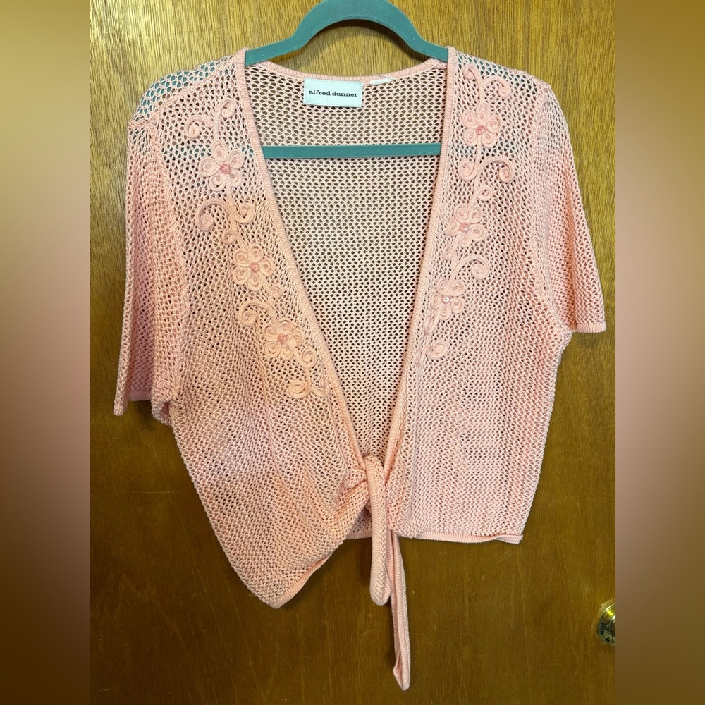 Alfred Dunner Peach Open-Weave Tie-Front V-Neck Sweater
